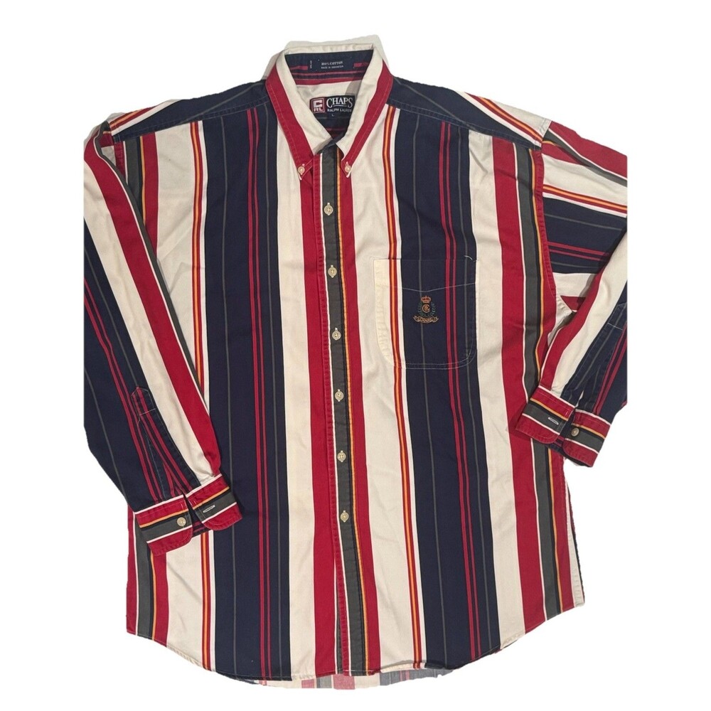 VTG 90s Chaps Ralph Lauren Crested Stripe Button Down Red blue Americana Shirt L